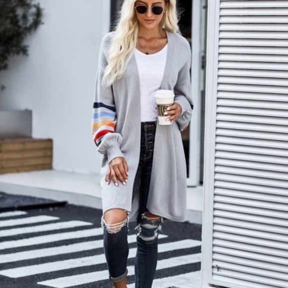 Multi-color striped sleeve fall knit long cardigan - Picture 2 of 4